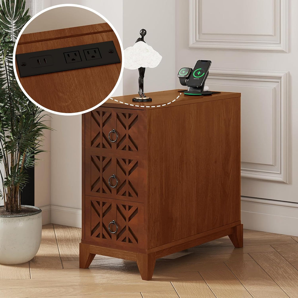 End Table with 3 Drawers and 2 Open Shelves, Walnut Finish Corner Table for B...