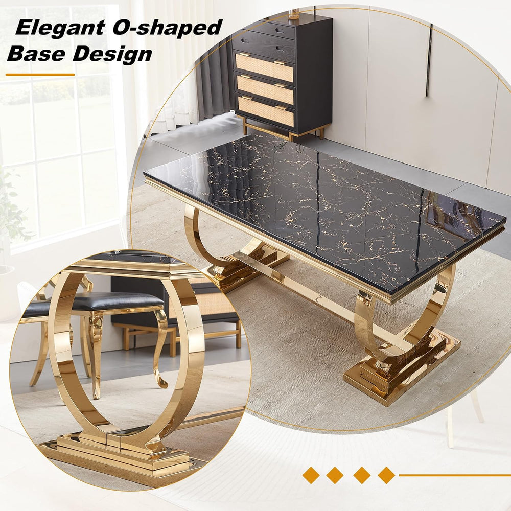 70" Marble Dining Table with Black Faux Marble Top and Gold O-Shape Stai...