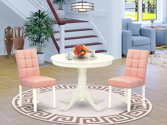 East West Furniture ANAS3-LWH-42 3 Piece Dining Table Set consists A Wood Table and 2 Beige Red Polyester Fabric Mid-Century Dining Chairs with Stylish Back- Linen White Finish