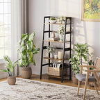 HITNET Ladder Shelf, 4 Tier Bookshelf with Bamboo Frame, Freestanding Bathroom Storage Shelving Unit for Living Room, Home Office, Bedroom, Rustic Brown and Black