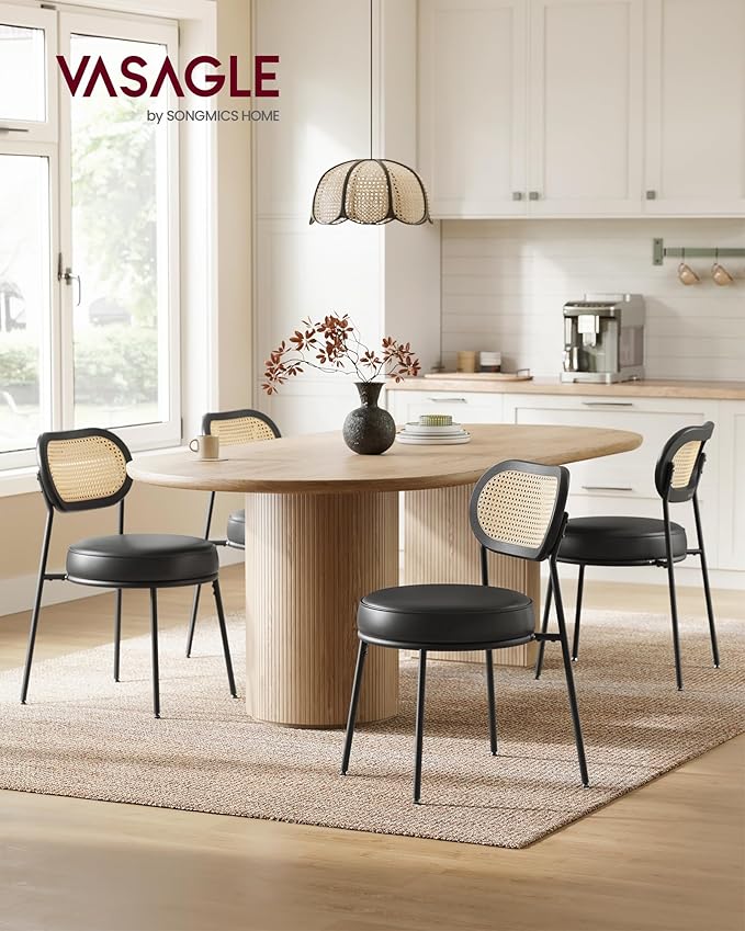 VASAGLE Dining Chairs, Set of 6 Accent Chair for Dining Room Kitchen, with Boho PE Rattan Back, Synthetic Leather Upholstery, Ink Black ULDC160B26