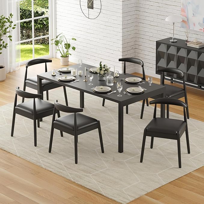 Farini Mid Century Modern Dining Chairs Set of 4, Solid Wood Frame Kitchen Chairs with PU Leather Upholstered Seat for Dining Room & Breakfast Nook,Black-Black