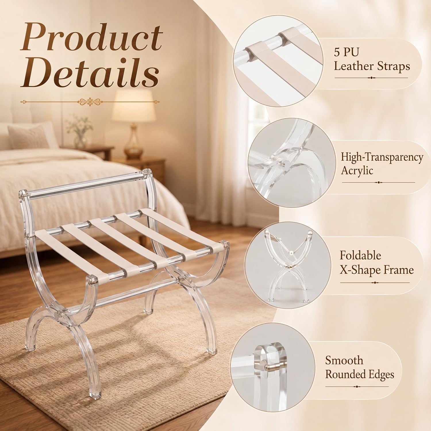 Briwooody Acrylic Luggage Rack for Guest Room, Foldable Suitcase Stand with Back & Leather Straps, Clear Modern Design for Bedroom & Hotel, Heavy Duty Luggage Rack, Holds up to 100 lbs
