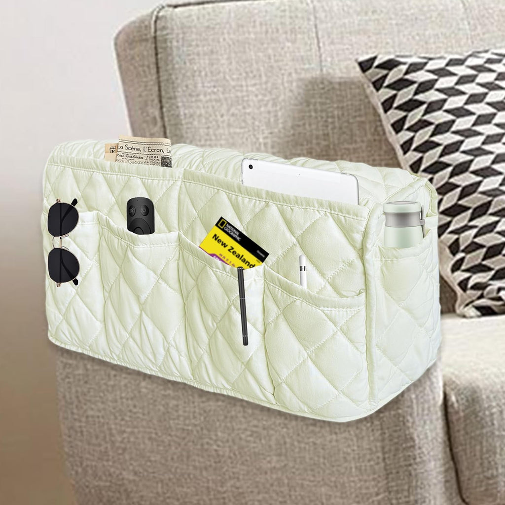 MEHIDFY Armchair Caddy, Waterproof Sofa Armrest Organizer, Non Slip Recliner Organizer, Remote Holder for Recline, Recliner Caddy with 14 Pockets Storage for TV Remote, Phone, Magazine (White)