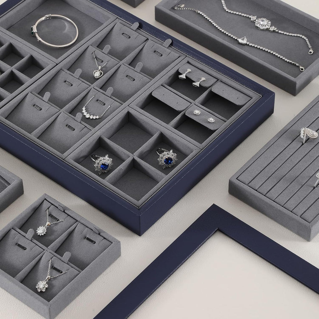 Dark Blue Jewelry Display Tray Ring Necklace Earring Bangle Organizer Multifunctional Storage Case for Jewelry Showcase (Small 4 Grids Tray)