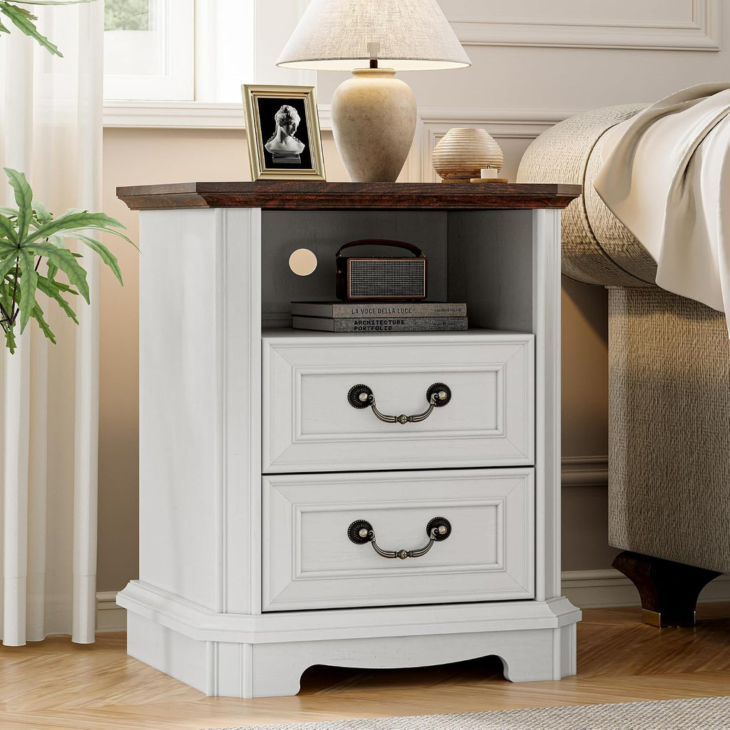 Xixini 18" Farmhouse 2-Drawer Wood Nightstand with Charging Station, White | Rustic Bedside Table with Vintage Metal Handles, Open Shelf, Spacious Storage, Sturdy Base Design, End Table for Bedroom