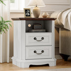 Xixini 18" Farmhouse 2-Drawer Wood Nightstand with Charging Station, White | Rustic Bedside Table with Vintage Metal Handles, Open Shelf, Spacious Storage, Sturdy Base Design, End Table for Bedroom