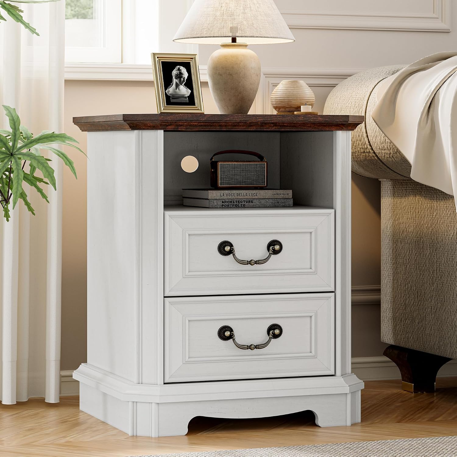Xixini 18" Farmhouse 2-Drawer Wood Nightstand with Charging Station, White | Rustic Bedside Table with Vintage Metal Handles, Open Shelf, Spacious Storage, Sturdy Base Design, End Table for Bedroom