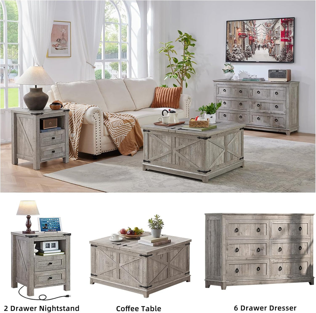 Nightstand with Charging Station and USB Port, Farmhouse Night Stand with 2 Drawers and Shelf Storage, Wooden Side End Table, Bedside Cabinet for Bedroom, Living Room, Closet,Office (Grey)
