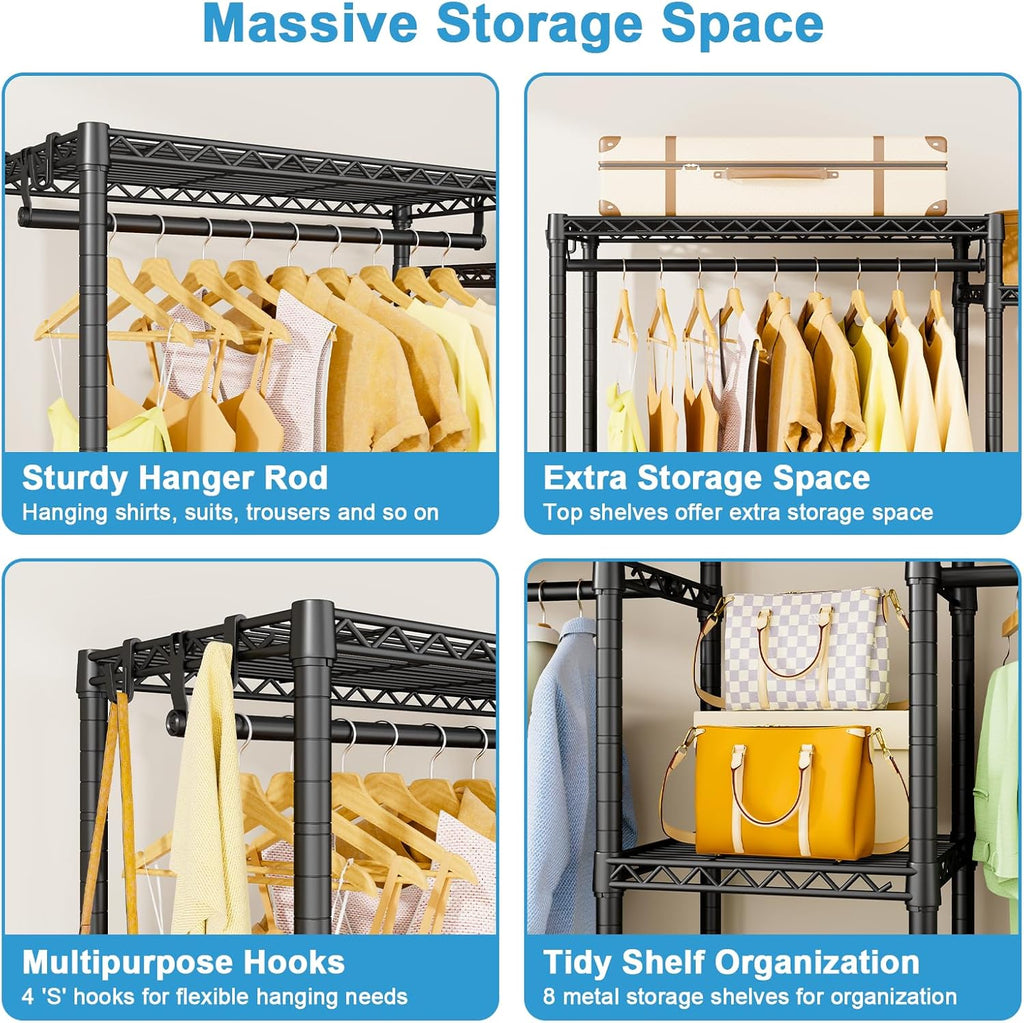 Ulif E4 Clothes Rack, Heavy-Duty Garment Rack, Metal Freestanding Clothing Organization Storage System Can Be L-Shaped with Shelves and Hangers, Max Load 962lbs, 71.6" W x 14.5" D x 79.3" H, Black