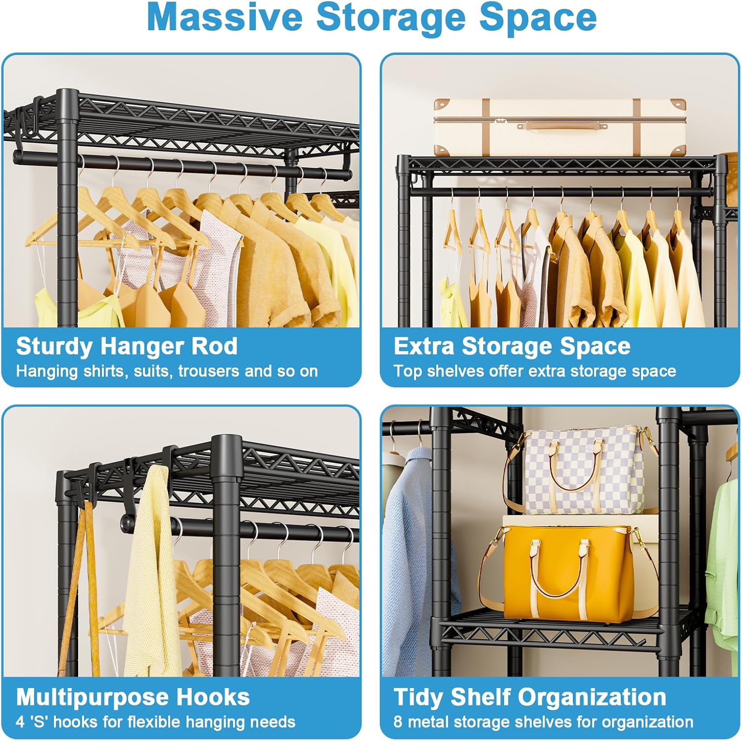 Ulif E4 Clothes Rack, Heavy-Duty Garment Rack, Metal Freestanding Clothing Organization Storage System Can Be L-Shaped with Shelves and Hangers, Max Load 962lbs, 71.6" W x 14.5" D x 79.3" H, Black
