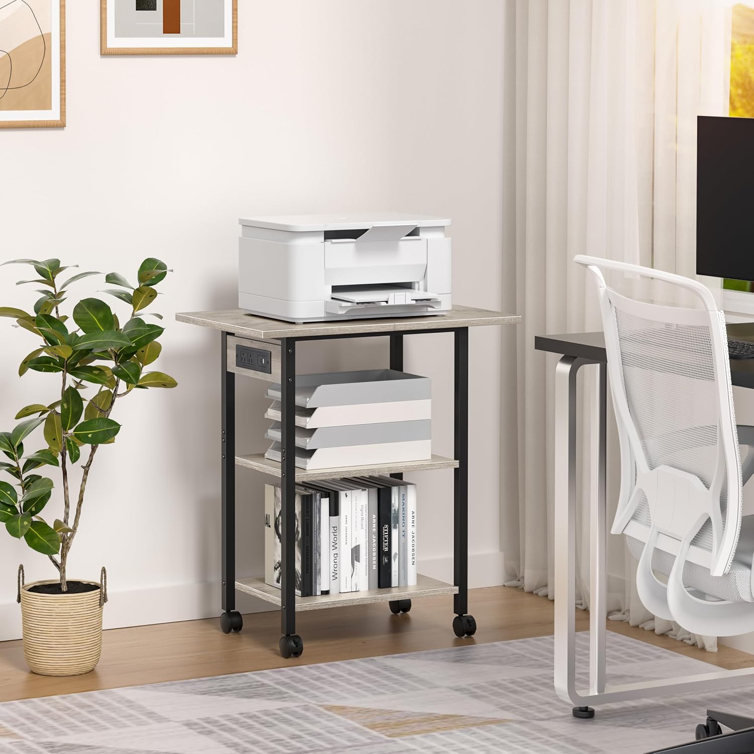 Lerliuo 3-Tier Printer Stand with Charging Station, Industrial Mobile Printer Table with Storage Shelf and Steel Frame, Rolling Printer Cart Holder with Lockable Wheels for Home, Office (Oak)