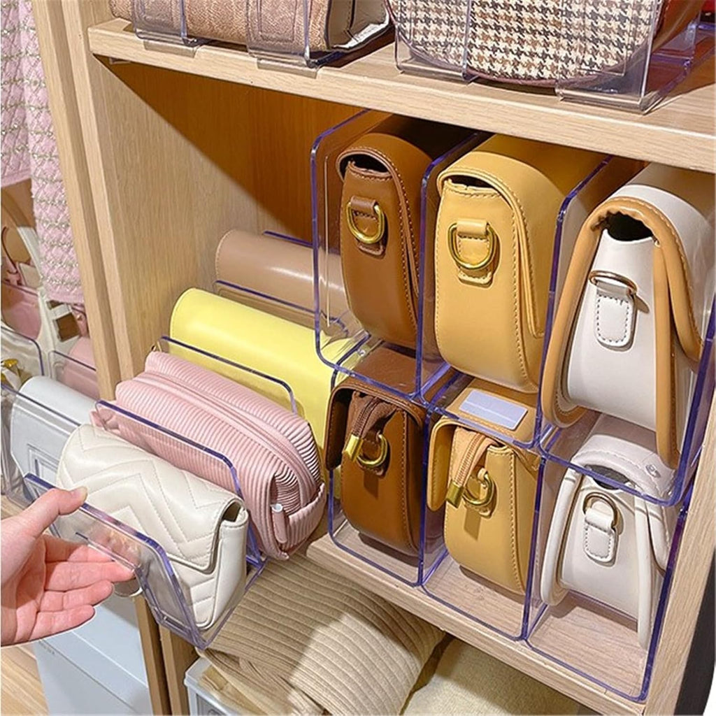 YAGELI Clear Acrylic Purse/Handbag Organizer - 4 Sections Divider for Closet Storage - Sturdy Organizer Rack for Purses, Handbags, and Clutches(4Pack-4Sections)