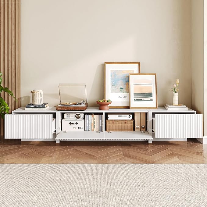 98” TV Stand for Living Room, Modern Entertainment Center with Drawers & Storage Compartments, Large TV Console Fits 55”-95” TVs, Square Top with Grooved Drawer Fronts & Stable Base,White