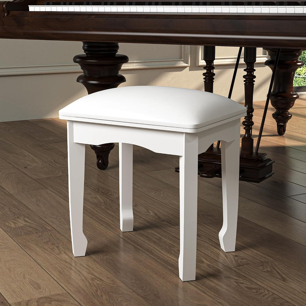 White Vanity Stool Bench, Padded Seat Cushion for Makeup Room | Minimalist St...
