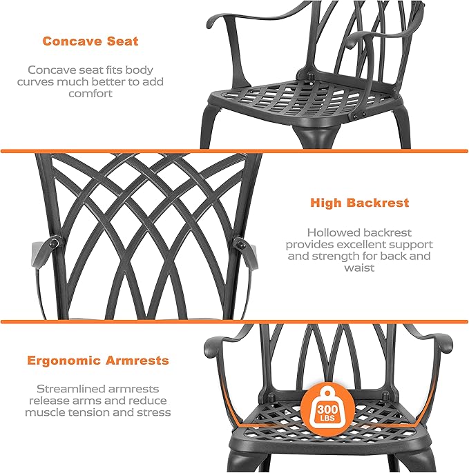 NUU GARDEN Patio Bistro Sets 3 Piece Cast Aluminum Bistro Table and Chairs Set with Umbrella Hole Bistro Set of 2 for Patio Backyard, Black