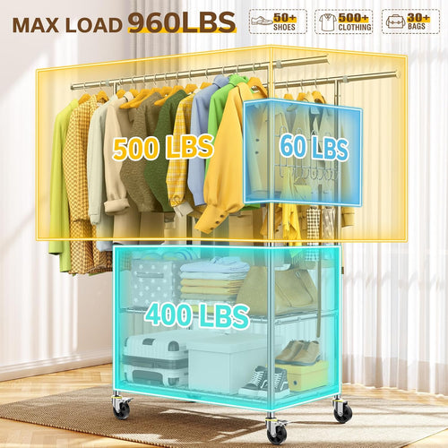 100% Stainless Steel Heavy Duty Clothes Rack, Load 960LBS, Double Rod, Extendable Rolling Garment Rack with Shelves, Modern Style, Recommended for Clothes & Accessories