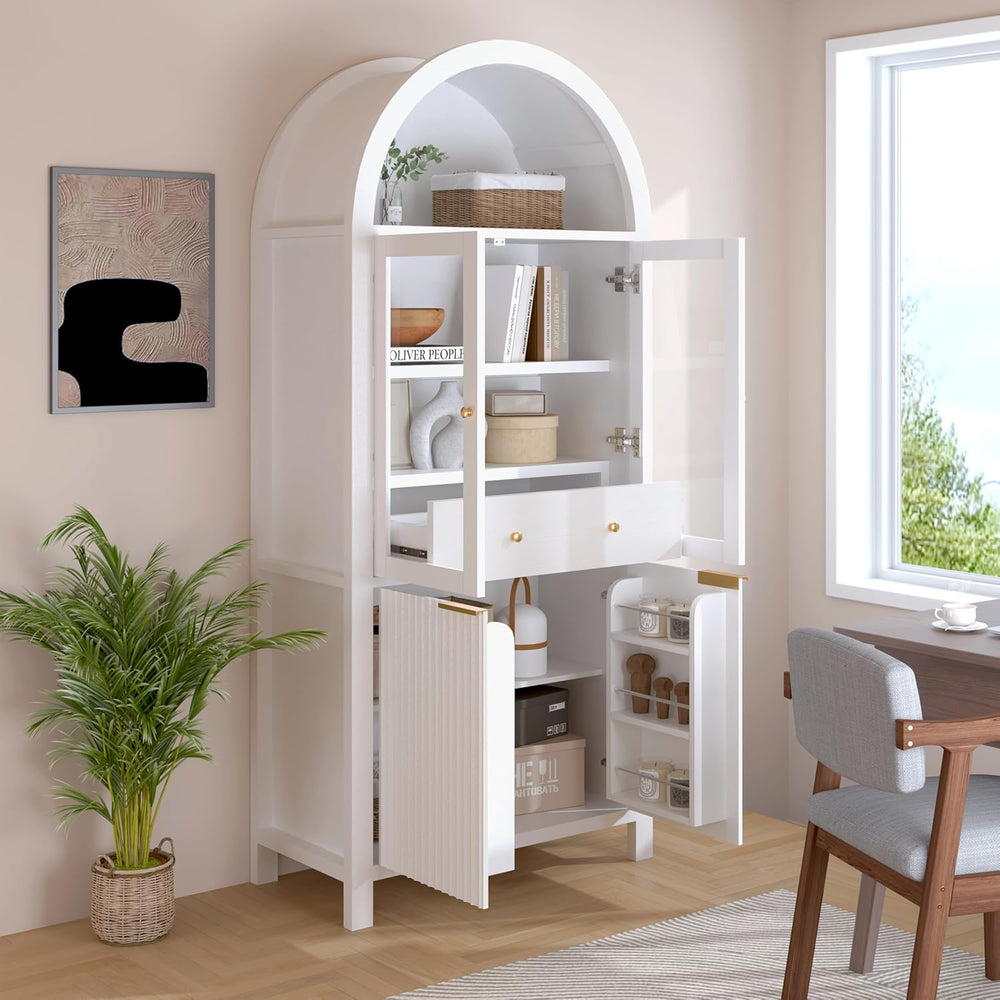 Fluted Tall Pantry Cabinet with Glass Door & Adjustable Shelves for Kitch...
