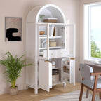 Fluted Tall Pantry Cabinet with Glass Door & Adjustable Shelves for Kitchen Storage and Living Room, Modern Farmhouse Arched Display Cabinet (White)