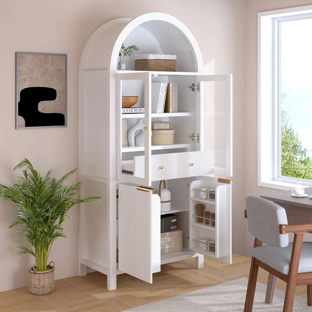 roomfitters 71" Tall Arched Pantry Cabinet with Fluted Glass Doors &...