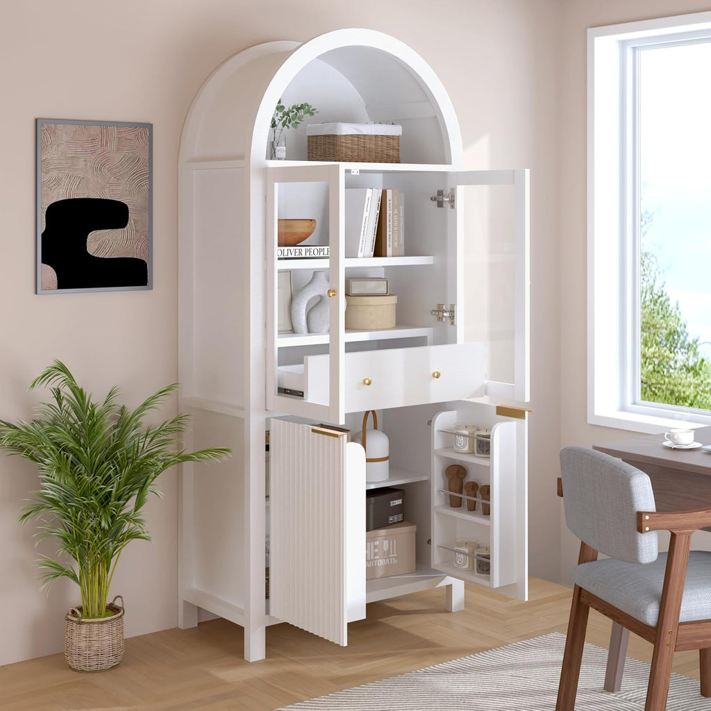 Fluted Tall Arched Pantry Cabinet with Adjustable Shelves & Hidden Drawer - Glass Door Storage for Kitchen, Living Room, Dining Room - Modern Elegant Display Unit (White)