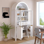 Fluted Tall Pantry Cabinet with Glass Door & Adjustable Shelves for Kitchen Storage and Living Room, Modern Farmhouse Arched Display Cabinet (White)