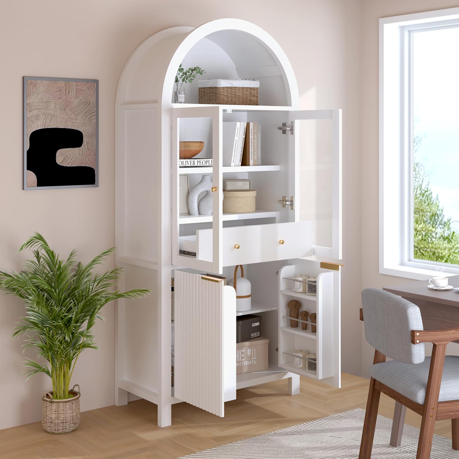 Fluted Tall Pantry Cabinet with Glass Door & Adjustable Shelves for Kitchen Storage and Living Room, Modern Farmhouse Arched Display Cabinet (White)