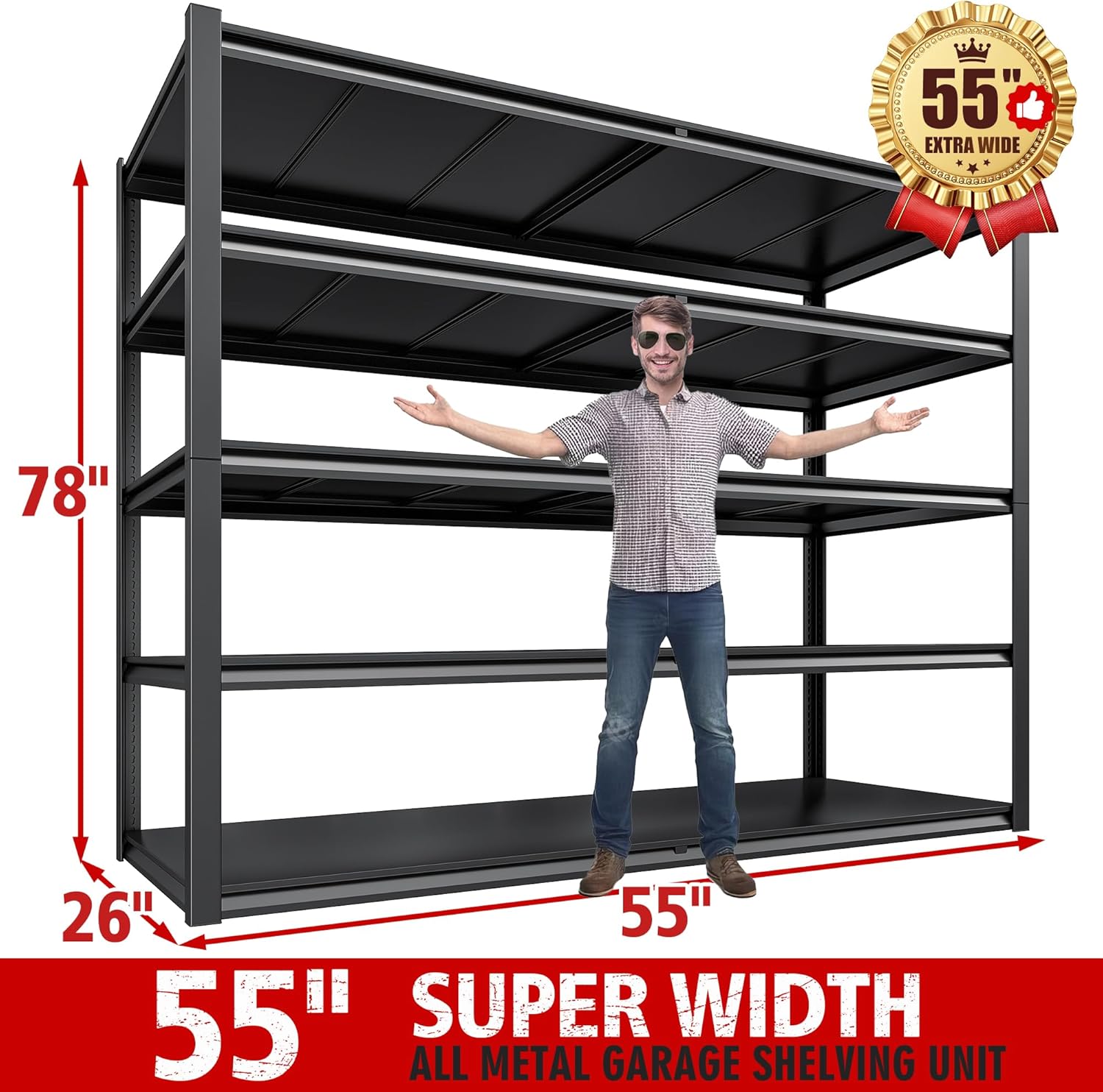 REIBII Garage Shelving 78" H, Storage Shelves Heavy Duty Shelving Unit Load 3000LBS, 5 Tier Adjustable Metal Shelves for Warehouse, Basement, Pantry, Factory, 55" W x 26" D x 78" H