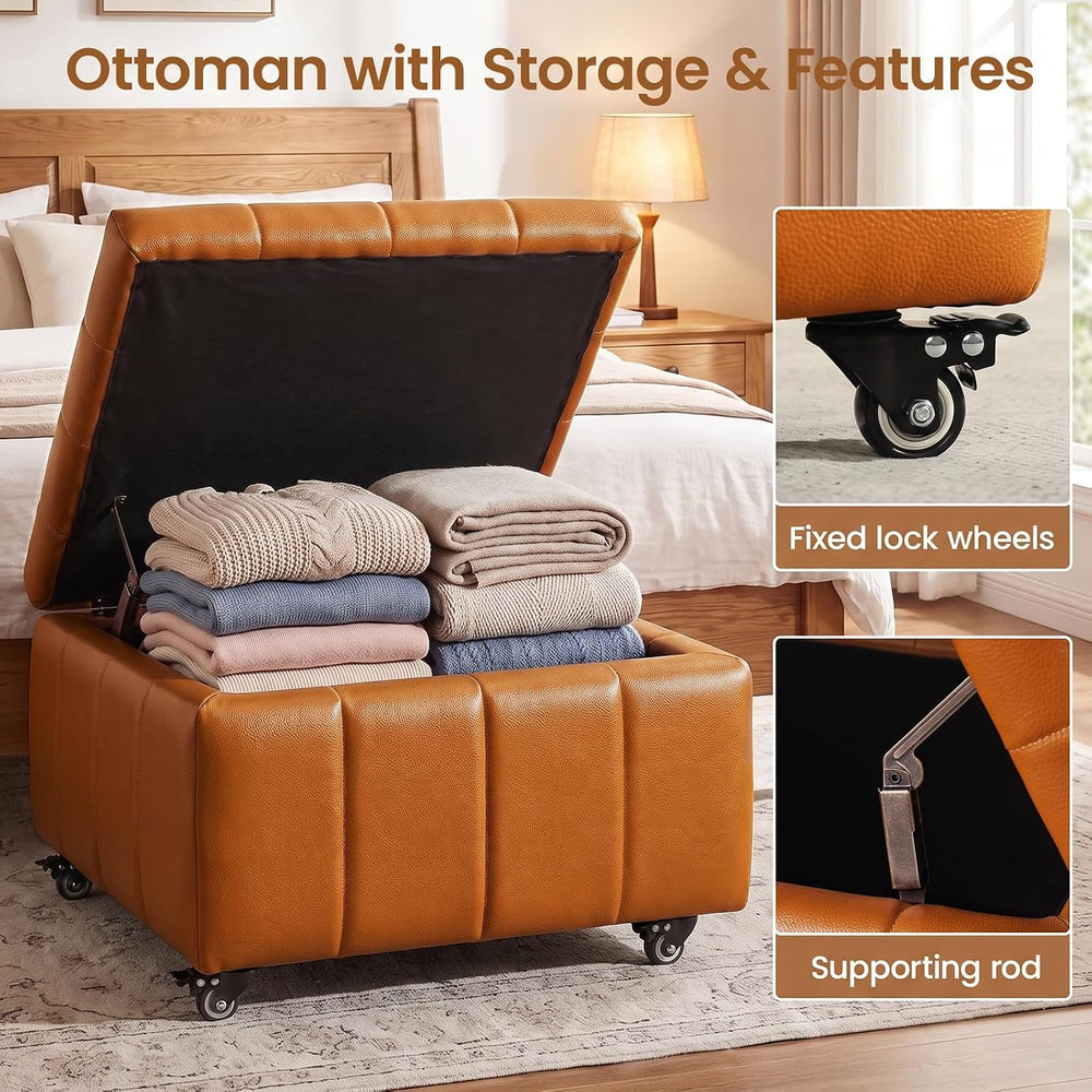Square Leather Ottoman with Storage and Wheels,360°Rolling ottoman,Faux Leath...