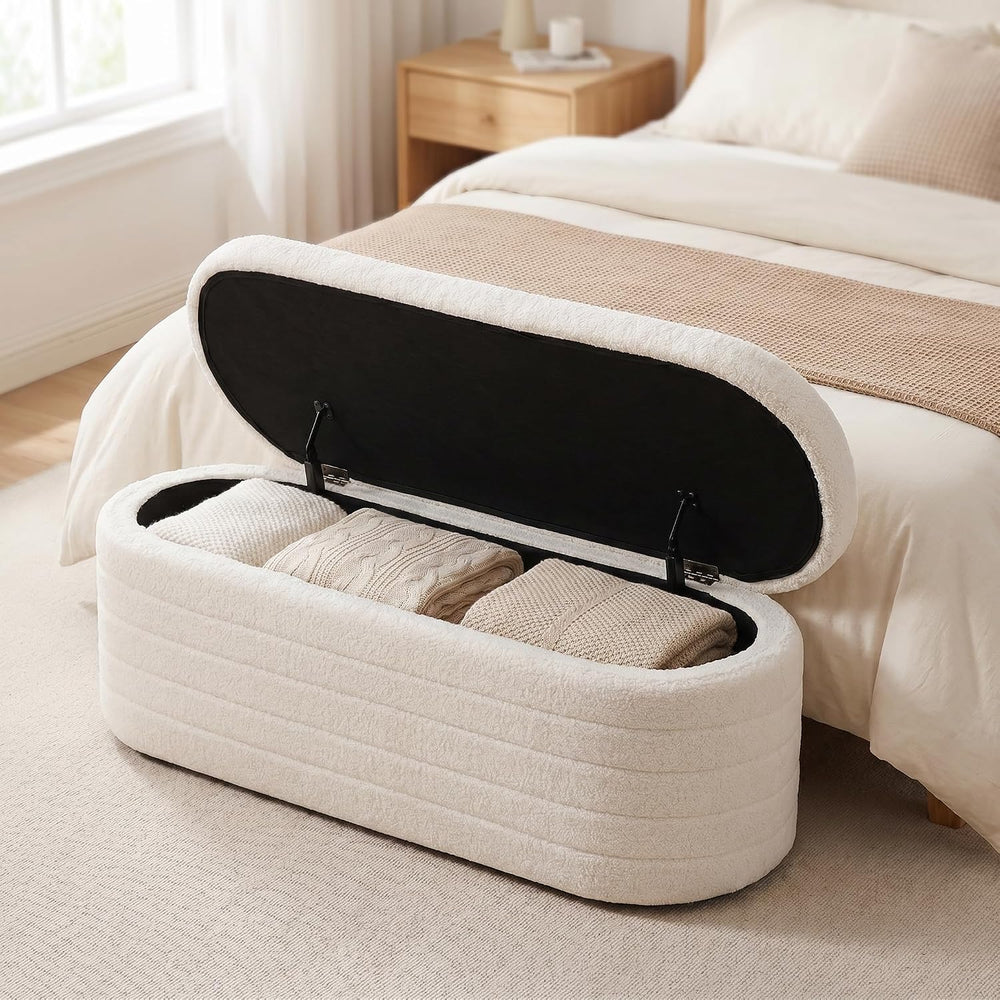 Teddy Sherpa Storage Ottoman Bench End of Bed, White | Modern Boucle, Oval De...