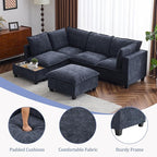 Merax Modern 90" U-Shaped Chenille Sectional Sofa Set, Modular Sofa Couch with a Movable Ottoman, a Coffee Table with Hidden Charging Devices for Living Room, Blue