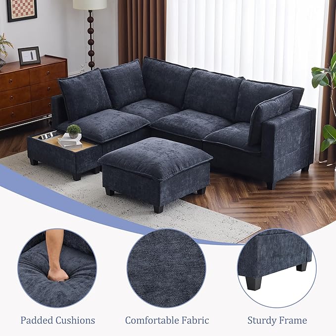 Merax Modern 90" U-Shaped Chenille Sectional Sofa Set, Modular Sofa Couch with a Movable Ottoman, a Coffee Table with Hidden Charging Devices for Living Room, Blue