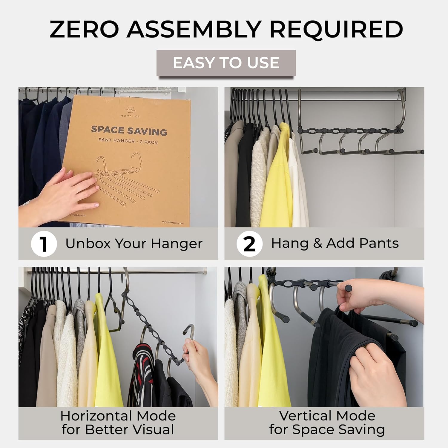 MORALVE Pants Hangers Space Saving - 2 Pack - Non-Slip Multi-Layer Space Saving Hangers - Multifunctional Clothing Rack for Closet Storage - Ideal for Jeans, Trousers, Skirts, Scarves & Slacks (Black)
