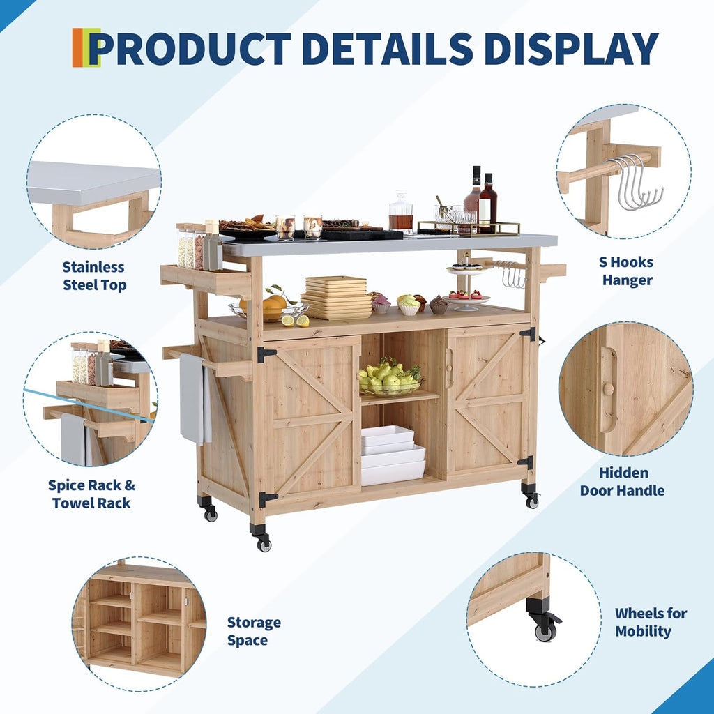 Outdoor Grill Cart with Storage Cabinet, Wood Outdoor Kitchen Island on Wheels, Grill Cart Table with Stainless Steel Table Top, Spice Rack, Towel Rack & Lockable Wheels for Kitchen,BBQ, Natural