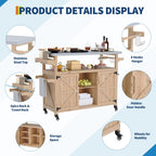 Outdoor Grill Cart with Storage Cabinet, Wood Outdoor Kitchen Island on Wheels, Grill Cart Table with Stainless Steel Table Top, Spice Rack, Towel Rack & Lockable Wheels for Kitchen,BBQ, Natural