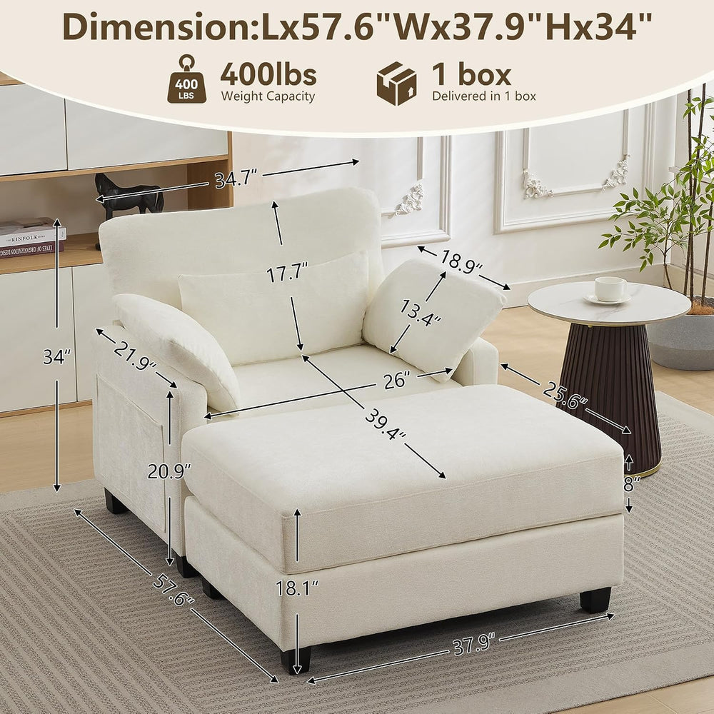 WUTUTUEE 57.5" Oversized Chaise Lounge with Ottoman Indoor, White Readin...
