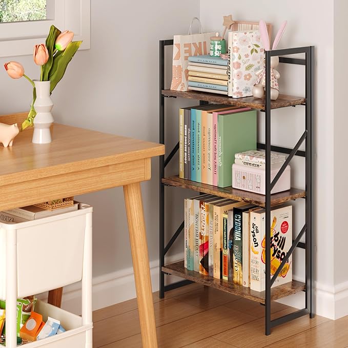 JSB No Assembly Folding Bookshelf, 3 Tier Industrial Metal Book Shelf for Sto...