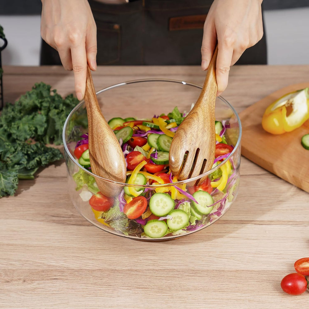 NiHome Glass Salad Bowl with Acacia Wood Salad Tongs, Large Capacity Design w...