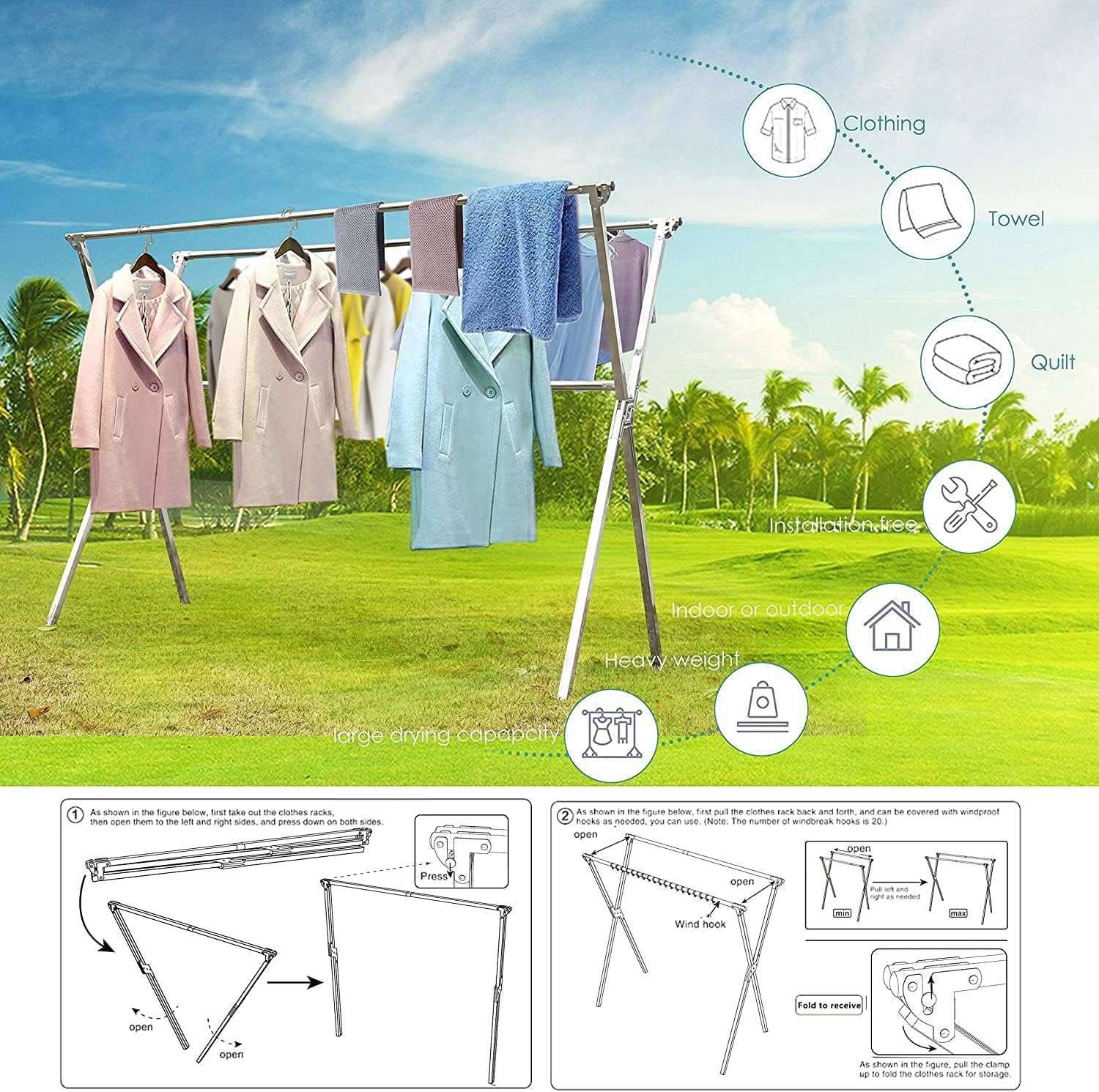 Clothes Drying Racks Outdoor, Updated Version,Stainless Steel Laundry Drying Rack for Indoor Outdoor and The Balcony,Length Adjustable Saves Space,with Windproof Hooks