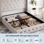 Allewie Queen Size Lift Up Storage Bed, Button Tufted Headboard with Wingback, Hydraulic Support, No Box Spring Needed, Light Beige