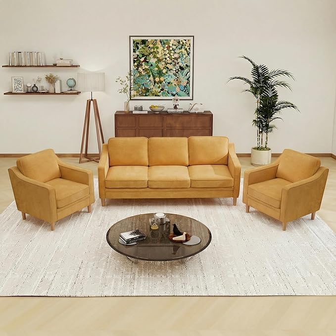 Kingfun Living Room Furniture Sets, 3 Seater Couch and 2 Armchair, Mid Century Modern Sofa Set, Chenille Couch with Solid Wood Frame for Living Room & Bedroom, Yellow