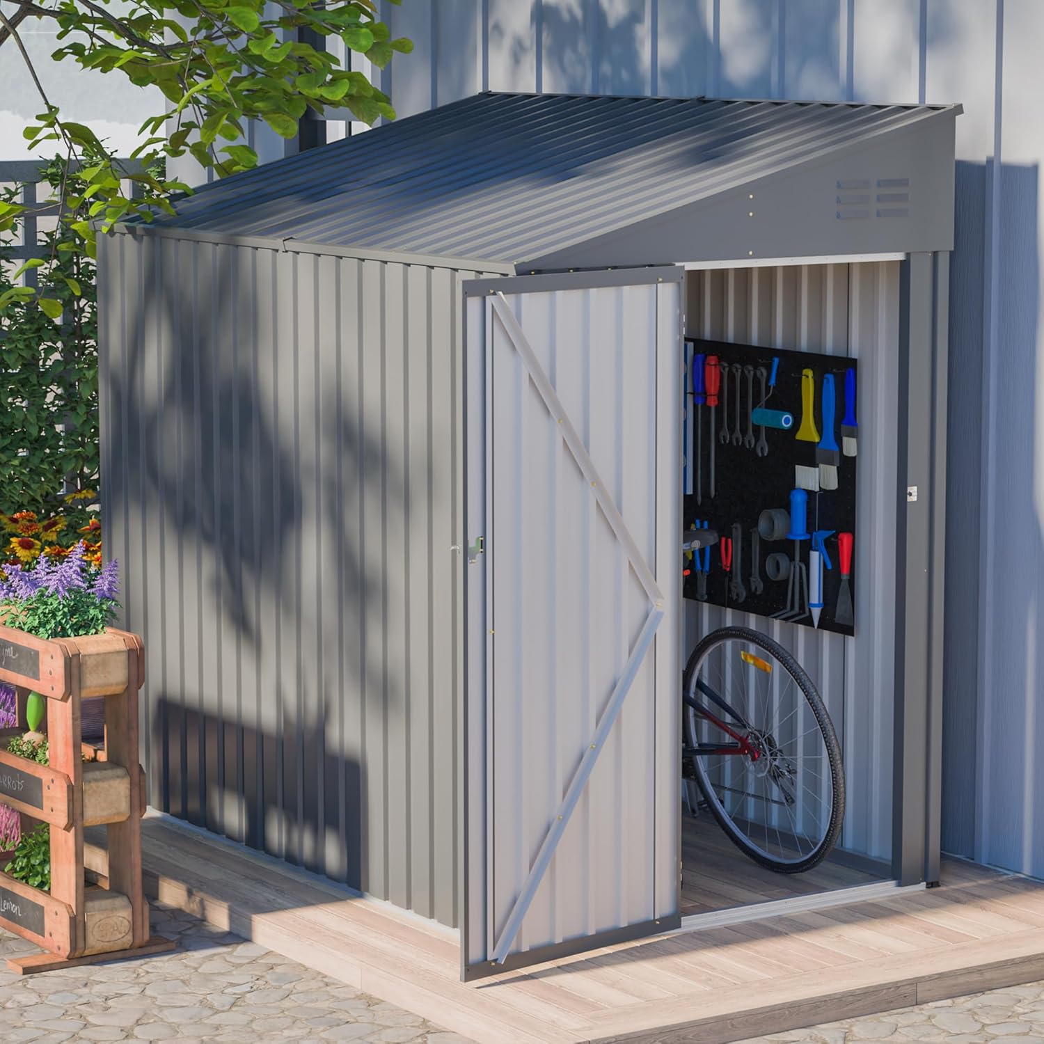 4x7 FT Outdoor Storage Shed,Lean to Lockable Metal Garden Shed Steel with Reinforced Beams,All Weather Waterproof Storage House W/Lockable Door,for Backyard,Patio,Lawn,Garden,Dark Gray