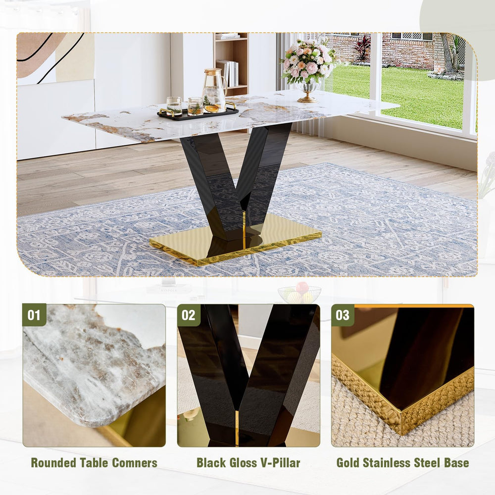 71'' Dining Table Set for 6,Modern Dining Room Table Set for 6,Marble...