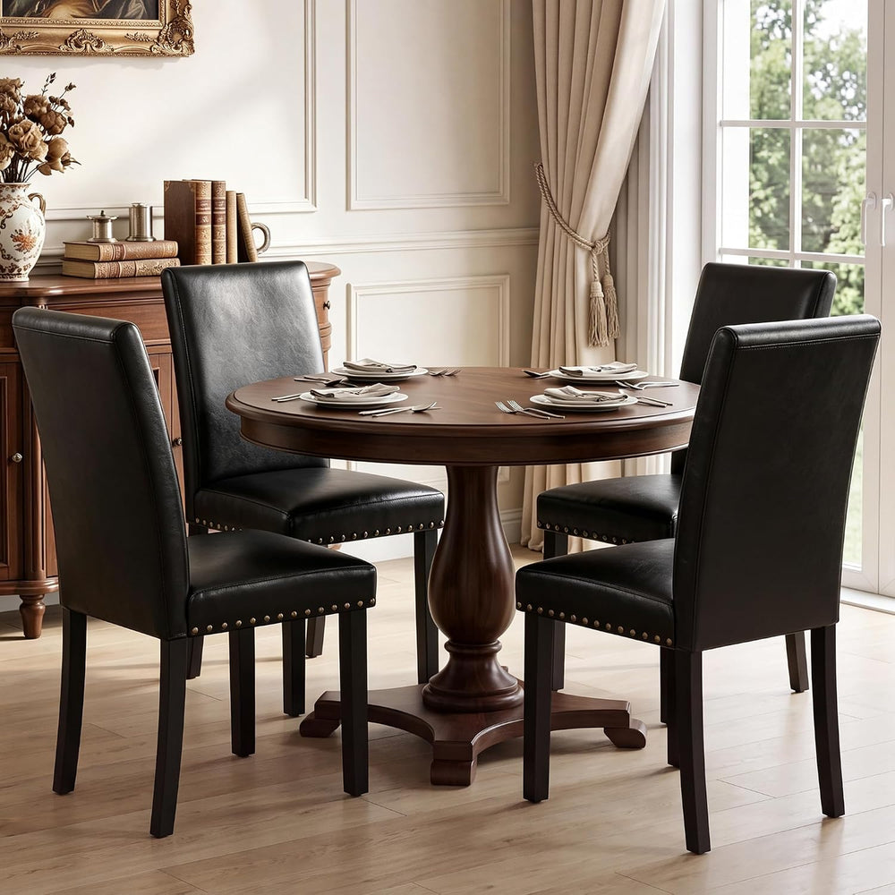 LSSBOUGHT Modern Leather Dining Chairs Set of 6 with Studded Trim(Black)