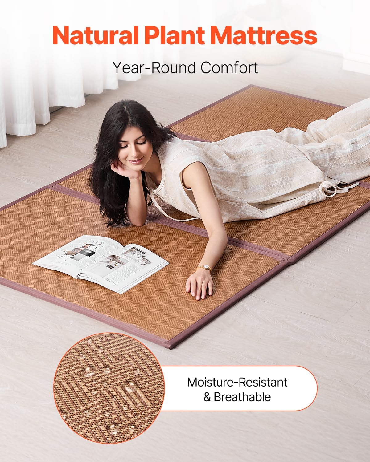 VEVOR Japanese Tatami Mat, Twin XL - 39'' x 80'' Foldable Handwoven Rattan Tatami Mat, Non-Slip & Easily Cleaned Tatami Mattress, Summer Breathable Tatami for Sleeping, Meditation, Yoga
