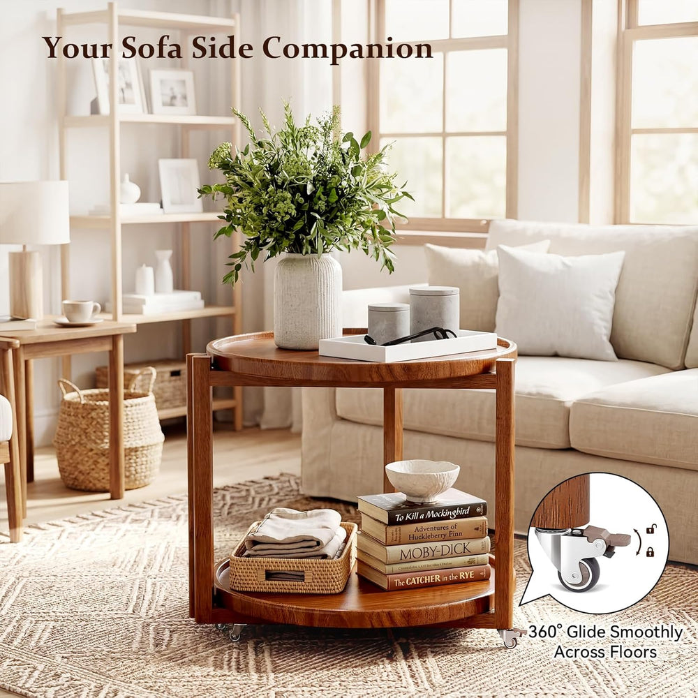 Taitiy Rolling Side Table with Wheels Solid Wood Round End Table with Storage...