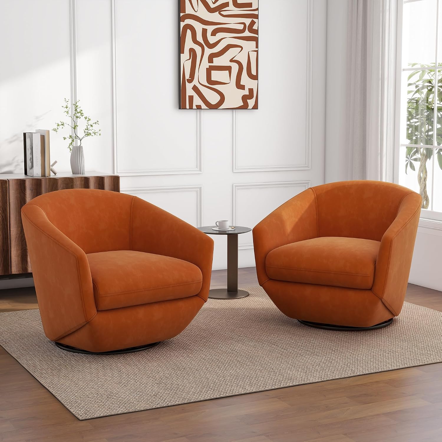 360° Swivel Barrel Accent Chair, Velvet Upholstered Club Armchair for Living Room, Modern Round Arm Chair Single Sofa Bedroom Reading Seating (Orange)