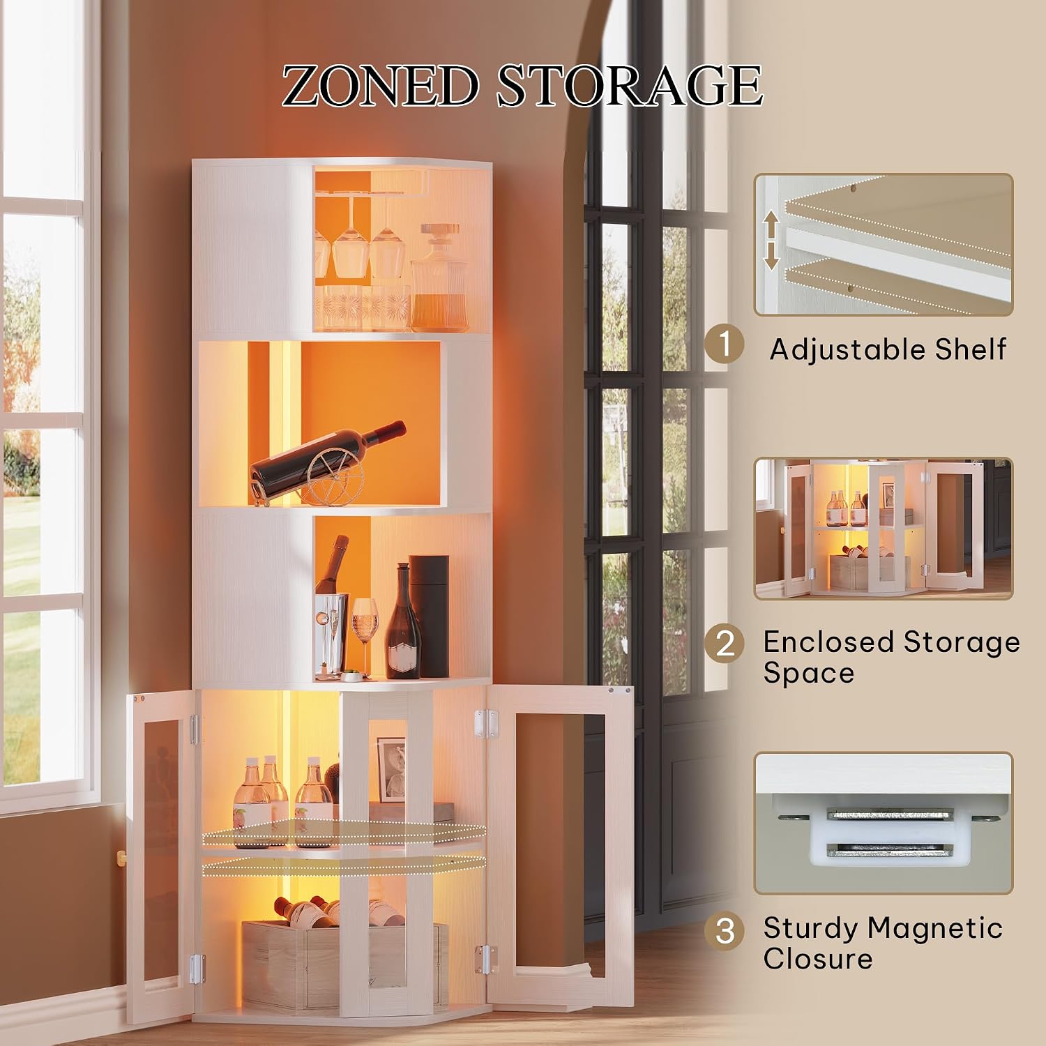 YITAHOME Corner Wine Cabinet with LED Lights & Glass Holder | LED Lights & Glass Holder, Tempered Glass Door & Adjustable Shelves, Liquor Bar Rack, For Living Room, Dining Room, Kitchen