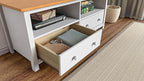 Handcrafted Solid Oak TV Stand Entertainment Center - Elegant White/Pine Media Console with Spacious Storage Drawers & Open Shelves - Sturdy Wood Cabinet Fits TVs up to 55 Inches
