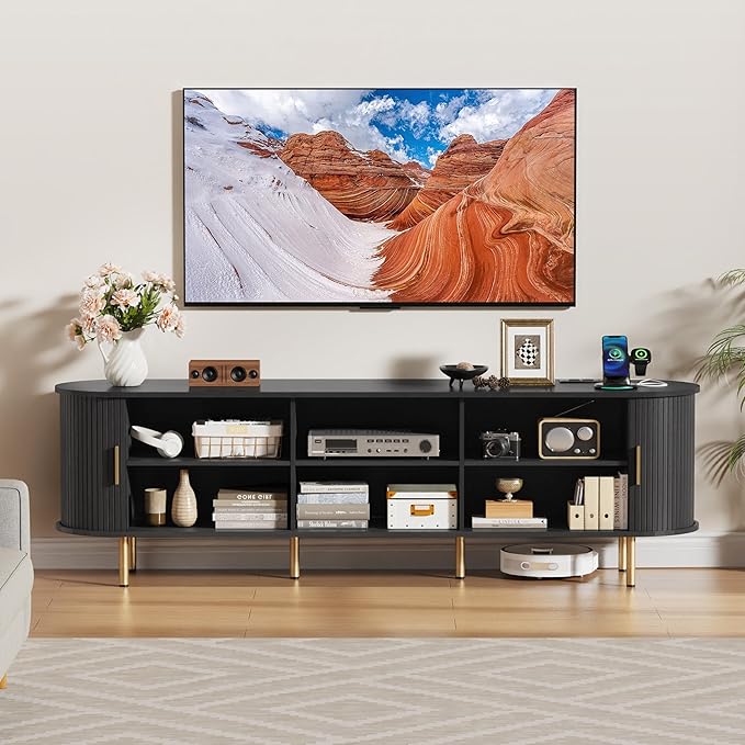 DHH 70.8 Inch Mid Century Modern TV Stand with Power Outlet for TVs up to 80 Inch, Entertainment Center with Storage and Adjustable Shelves, Media Console with Sliding Doors for Living Room(Black)